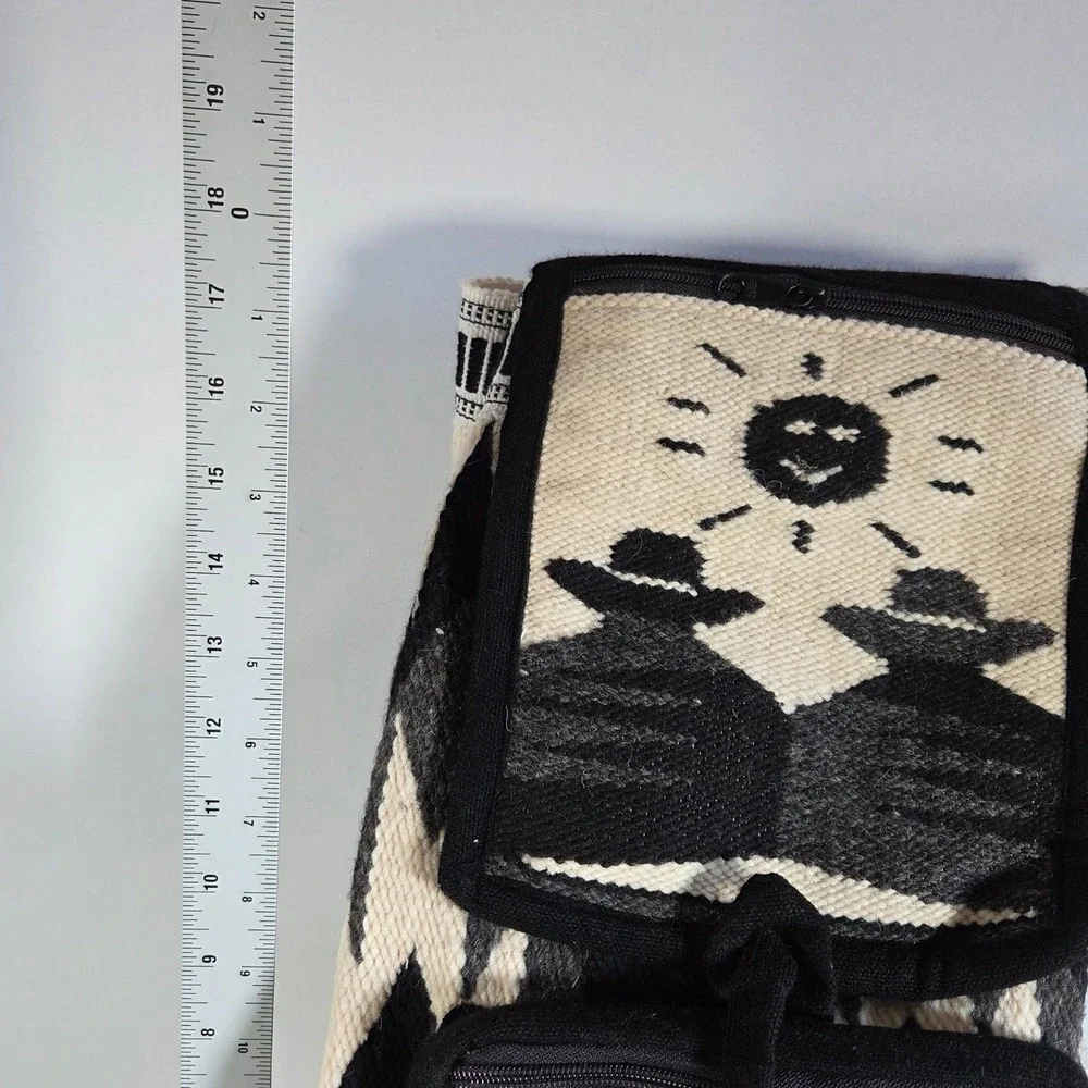 Vintage Southwestern Woven‎ Wool Backpack Cream Black Geometric Sun Folk Art Bag